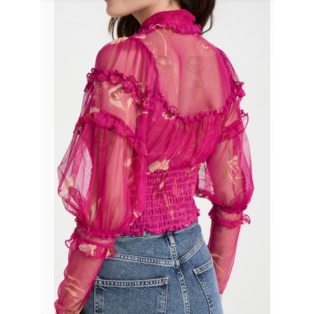 Free People‎ Blouse Womens Small Magenta Floral Sheer Mesh Smocked Ruffle Top - Picture 2 of 12